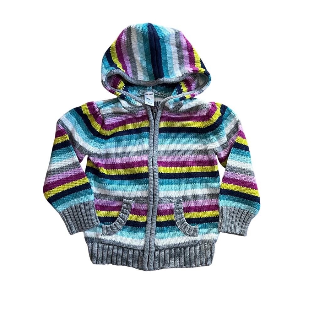 ❤️ 3/$25 Old Navy Colorful Striped Knit Zip Up Hooded Sweatshirt | 2T